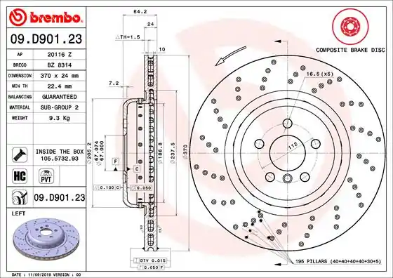 Remschijven Brembo 09.D901.23 Gratis Retour