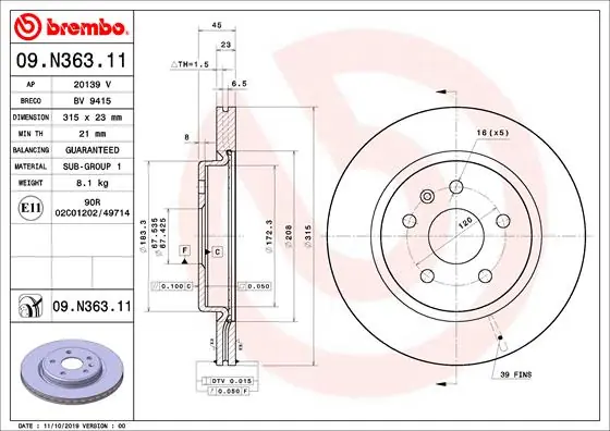 Remschijven Brembo 09.N363.11 Premium